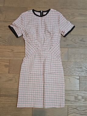 NWT Band Of Outsiders Red and White Checked Midi Dress with Black Trim